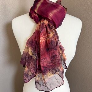 100% Silk Chiffon Floral Scarf 20” x 68” Sheer Plum Burgundy Long Wrap